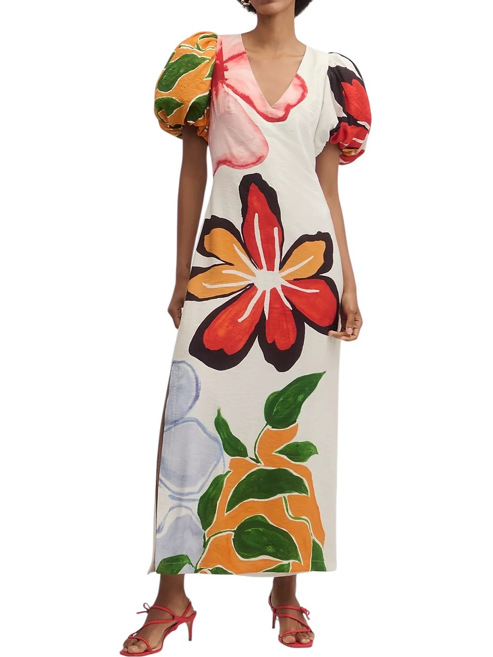 Anthropologie Floral Print Puff Sleeve A-Line Maxi Dress - M P